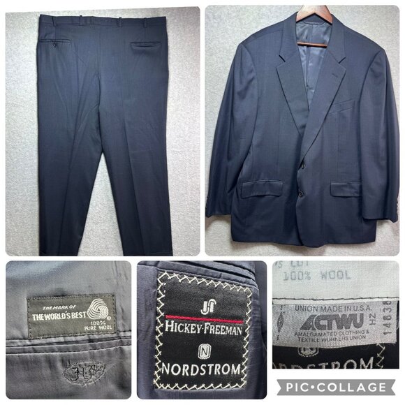 VTG Hickey Freeman By Nordstrom 2 Piece Suit Navy 100% Wool USA Union Made 46 R - Picture 1 of 16